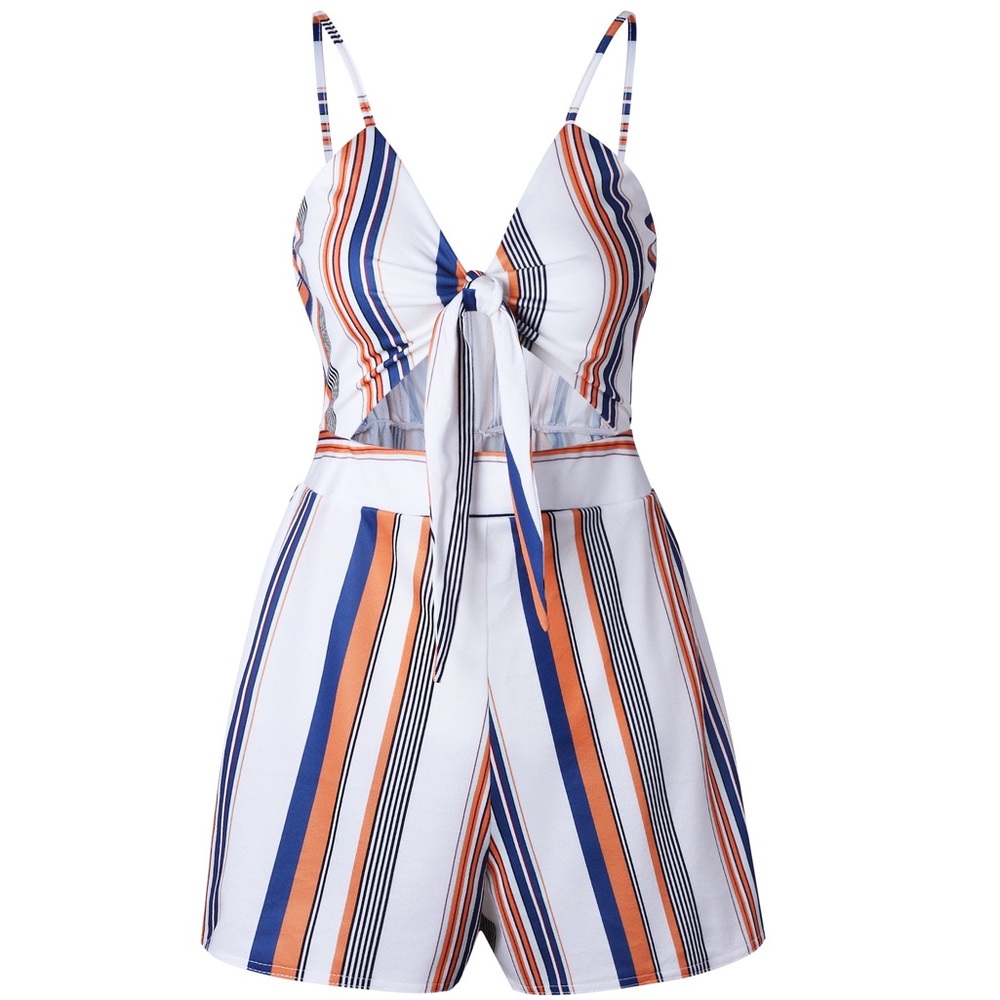 ♦️🆕Sweet Bow Tie Striped Romper Orange Navy - Picture 5 of 6